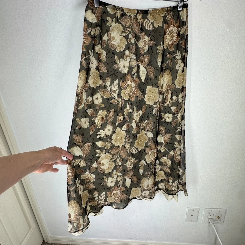 Vintage Floral Chiffon Midi Slip Skirt Brown Cream Reversible Large Flowy Earthy
